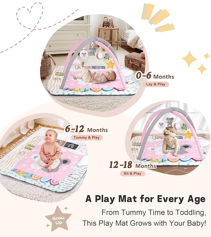 Baby Play Mat Activity Gym with Tummy Time Pillow, 6 Developmental Zones Tummy Time Mat, 6 Detachable Sensory Toys and Educational Cards, Essential Baby Shower Set, Pink Koala