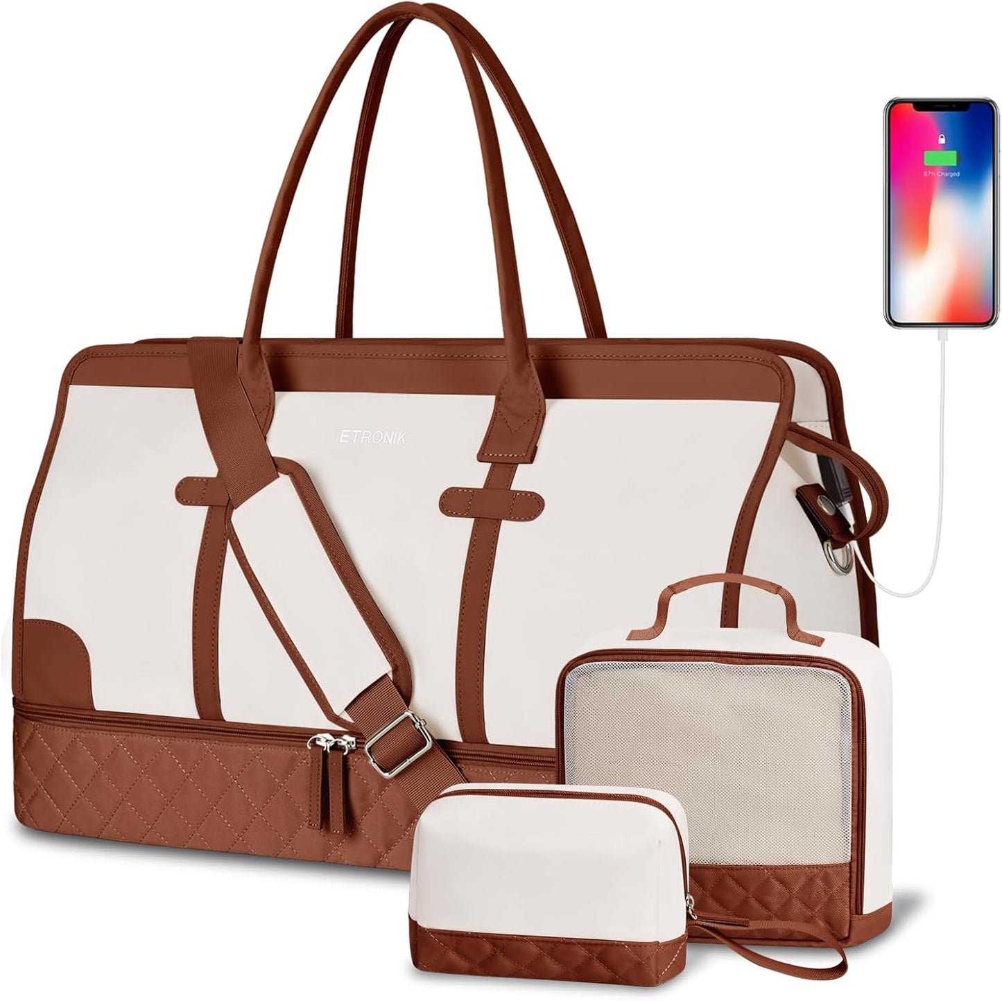 ETRONIK Weekender Overnight Bag for Women, Large Travel Duffle Bag with Shoe Compartment & Wet Pocket, Carry On Tote Bag Gym Duffel Bag with Toiletry Bag, 3 Pcs Set, Large Size, Beige-Brown