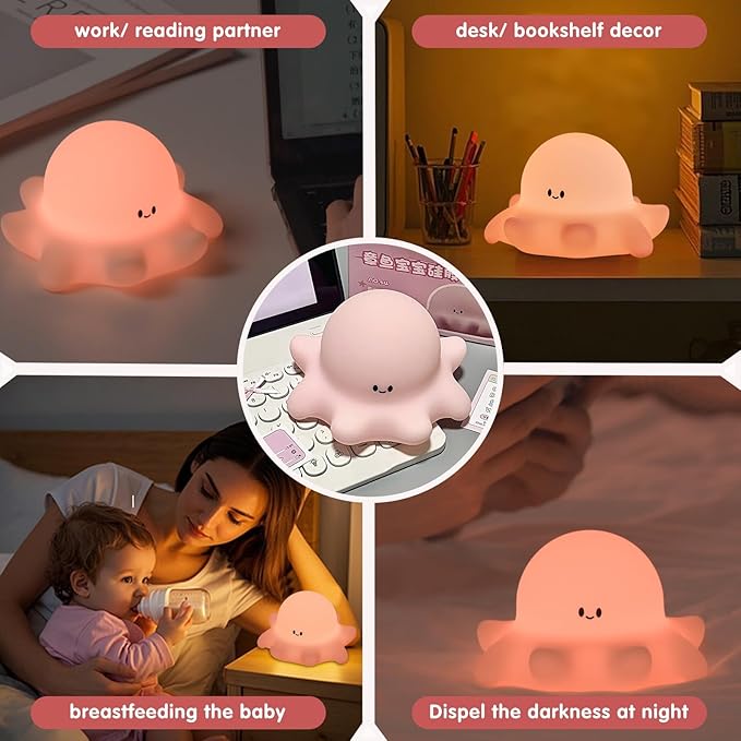 Pink Octopus Night Light,LED Squishy Novelty Animal Cute Lamp, Food Grade Silicone Nightlight, 3 Level Dimmable, Light Up Octopus Decor for Room College Dorm, Boy Girl Gifts