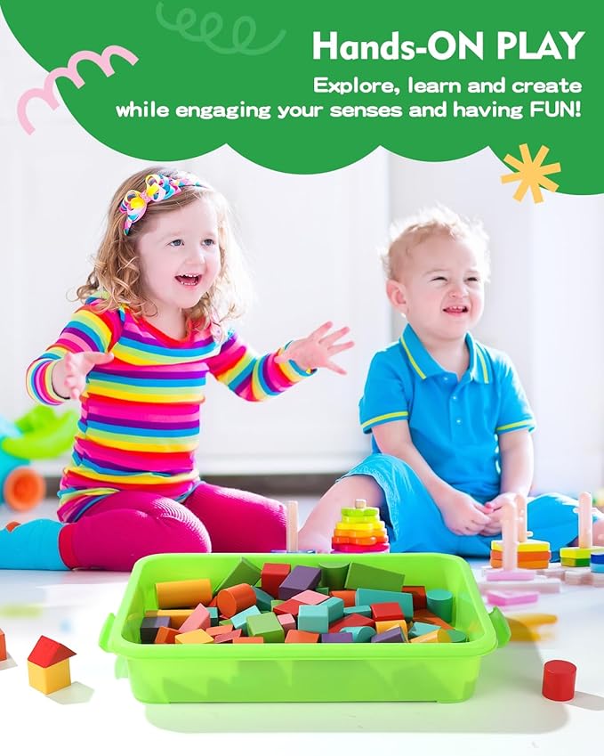Sensory Bin Sand Tray with Lid for Toddlers 2 Pcs 15in Portable Sandbox Toy Large Plastic Tray for Kids 3 4 5 6 Fill with Sand, Water, Beads, and More (2 Green)