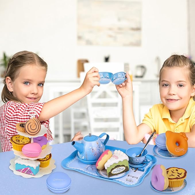 PRE-WORLD Tea Party Set for Little Girls, 46Pcs Princess Tea Time Toy Including Dessert,Cookies,Doughnut,Teapot Tray Cake,Tablecloth,Gloves & Carrying Case,Kitchen Pretend Play for Girls Boys Age 3-6