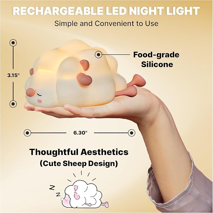 Rechargeable LED Night Light, Soft Silicone Touch Lamp with 3-Level Dimming, 30-Min Timer, Squishy BPA-Free Design, Perfect for Breastfeeding, Nursery, and Baby Room Decor (Sheep)