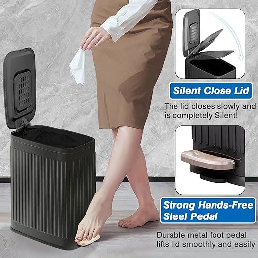 Small Bathroom Trash Can with Air Freshener Soft Close Lid, 6 Liter/ 1.6 Gallon Stainless Steel Garbage Can with Removable Inner Bucket, Step Pedal, Slim Wastebasket for Bedroom, Toilet, Office,Black