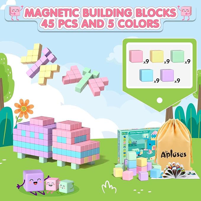 45PCS Magnetic Blocks - Toddler Girl Toys, Magnet Building Blocks, STEM Sensory Outdoor Autism Toys for 3-5 Year Old Boys & Girls, Magnetic Cubes Classroom Must Haves for Kids Ages 3+