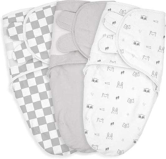 Baby Swaddle Sacks, 3-Pack Newborn Organic Cotton Swaddle Wrap, Adjustable Swaddling Blankets, Nursery Swaddling Essentials for Newborn 0-3 Months, Infant Shower Items Gift (Animals & Square)