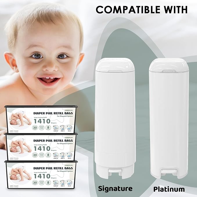 Diaper Pail Refill Bags - Compatible with Genie Easy Roll Signature & Platinum Pails | Each 30 Bags Holds Up to 1410 Newborn Diapers | 7-Layer OdorLock Technology | 3 Pack(90 Bags)