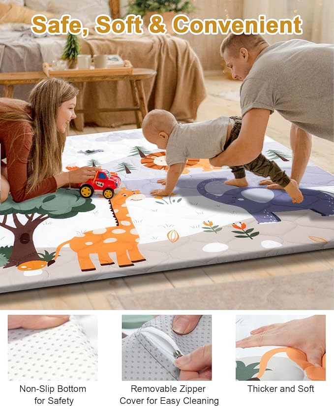 Premium Foam Baby Play Mat 59" x 59" – Removable & Machine Washable Cover, Extra Thick Padding Playpen Mat, Non-Slip Crawling Mat, Easy to Clean for Infants, Toddlers & Babies