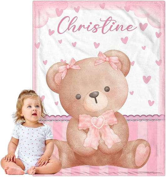 Personalized Baby Blanket for Girls, Custom Baby Blanket with Name, Soft Cozy Personalized Name Blankets for Kids, Customized Bear Blanket for Infant Toddler Birthday Christmas