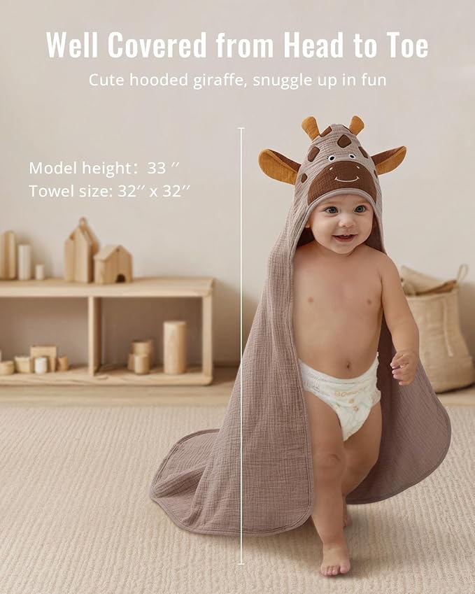 Blissful Diary Muslin Baby Hooded Towel, Soft and Absorbent Bath Towel for Newborn, Infant, Toddler, Unisex, 32″x32″ - Gentle Giraffe