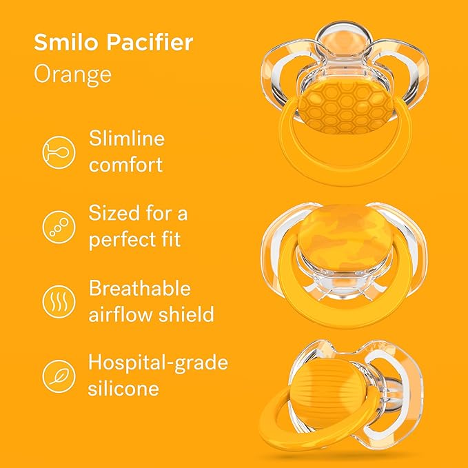 Smilo Baby Pacifier with Orthodontic Design for Healthy Dental Development - Stage 2 for Babies 3-9 Months - Pack of 3X 100% Silicone Pacifiers BPA Free - Orange