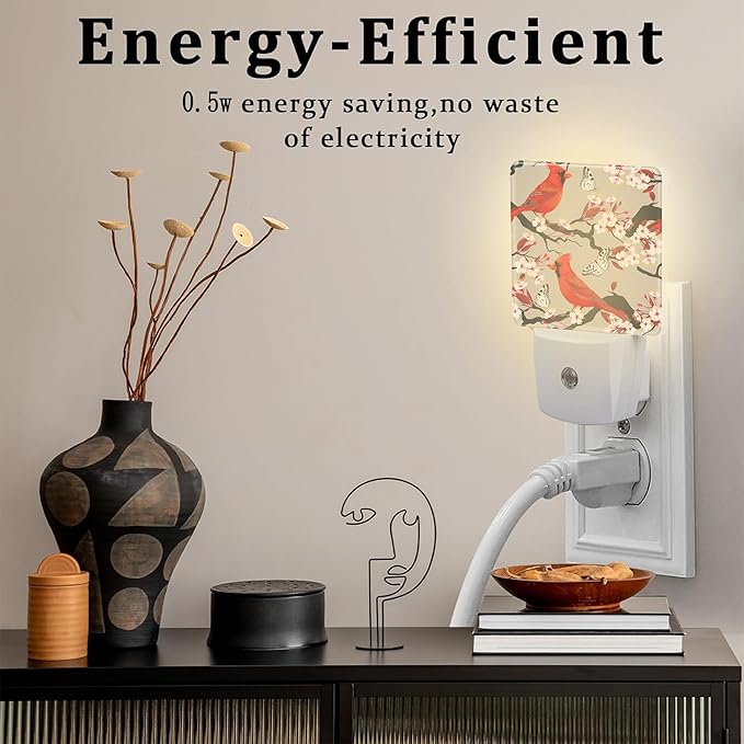 Red Cardinal with Cherry Blossoms Night Light for Kids,Pink Spring Floral Bird Night Light Plug in with Dusk to Dawn Sensor,0.5w Energy Saving Nightlight for Hallway Stairway Kitchen Bedroom