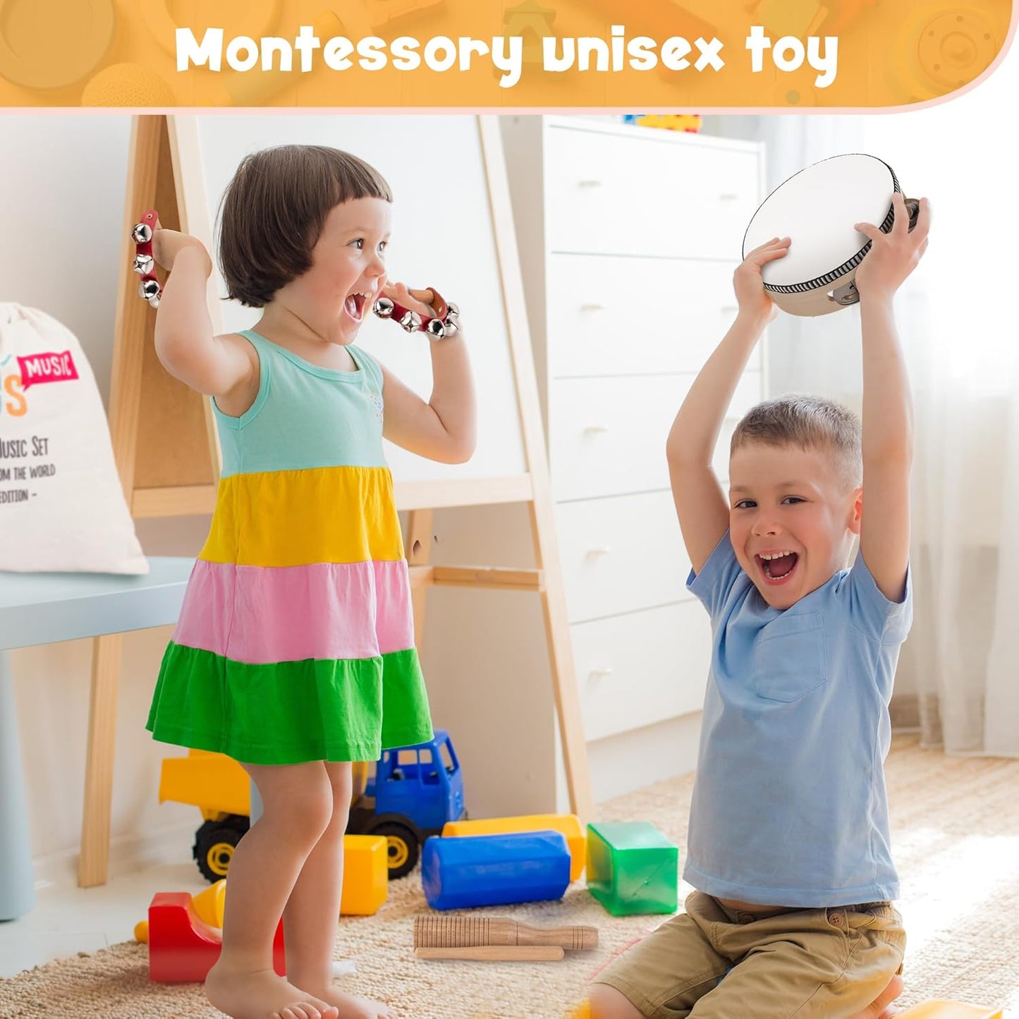 Stoie's Wooden Kids Musical Instruments for 3-9 Years Old, with Drum, Flute, Hand Bells, Cymbals, Castanets, Triangle, for Babies and Toddlers, Durable, Safe, Montessori Educational Toy, Storage Bag