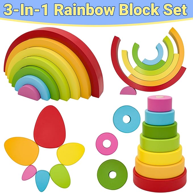 Montessori Wooden Rainbow Stacking Toys for Baby Grimms Wood Building Blocks Nesting Puzzle Toy Colorful Stacker Arch Game Sensory Educational Learning Toys for 3-5 5-8 Year Old Toddler