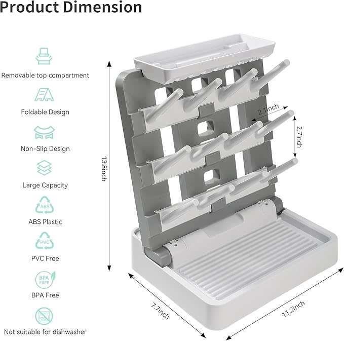 Baby Bottle Drying Rack, Vertical Standing Bottle Dryer Rack Holder-Space Saving Baby Bottle Drying Rack for Countertop-Holds Up to 12 Baby Bottles & Cup