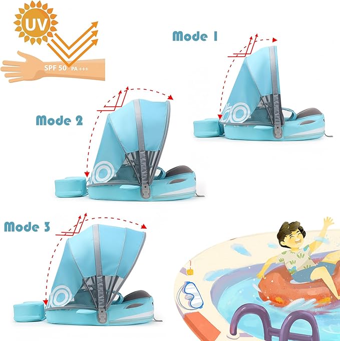 Non-Inflatable Mambobaby Float with Canopy, UV-Protective Baby Swimming Float with Safety Buckle, Anti-Flip Tail Swim Trainer Infant Pool Floats (O04NGreen-O04NGCTRURBKMH01O04)