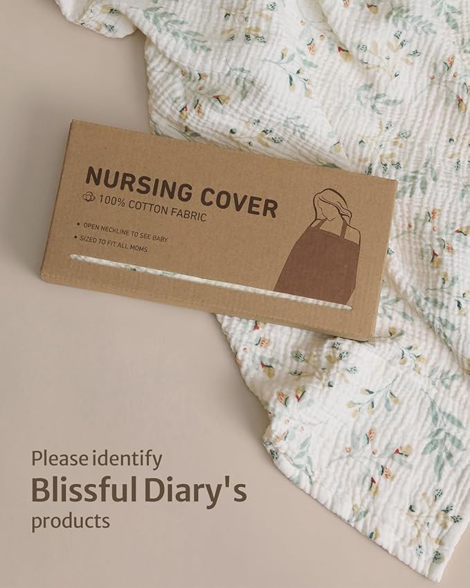 Blissful Diary Muslin Nursing Cover for Breastfeeding, Breathable Breastfeeding Cover up with Arch Neckline for Women, Nursing Apron (Botanical Leaf)