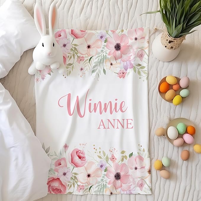 Personalized Baby Blanket for Girl, Baby Girl Blankets, Blush Pink Floral Custom Name Blanket for Girls, New Mom Newborn Gift, Birthday