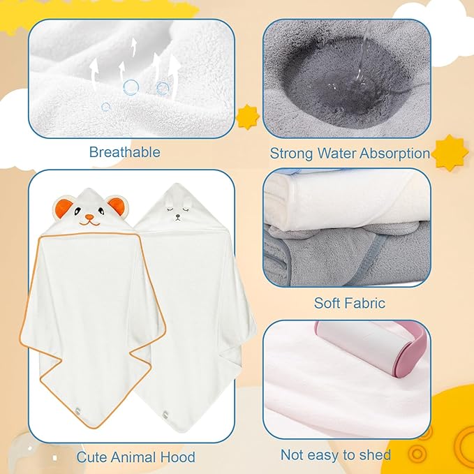 Hooded Baby Towels 2 Pack, Coral Fleece Luxuriously Thick Soft Shower Bath Towel with Hooded, Ultra Absorbent Bath Cloths Bulk for Newborn, Infant, Toddler (White & White)