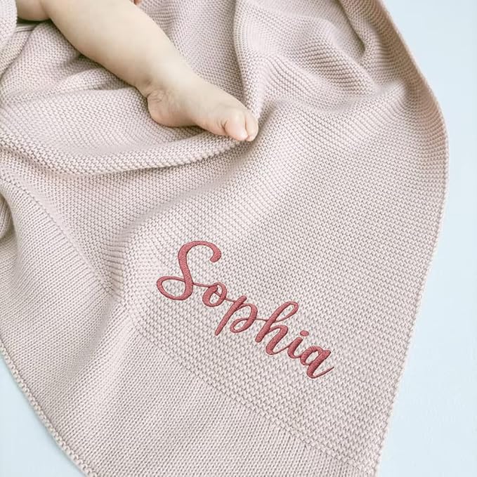 Luxury Personalized Name Knitted Baby Blanket -Embroidered, Soft Breathable Cotton Knit for Newborns - Valentine's Gift for New Moms, Baby Boy, Girl Birthday Christmas.