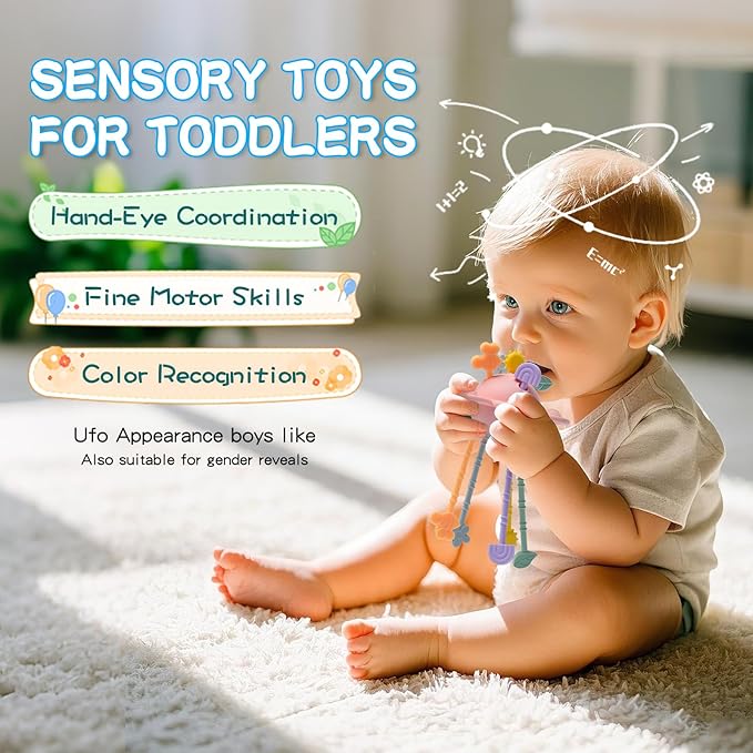 Montessori Sensory Toys for Babies,Silicone Teething Toys Pull String Baby Toy 6-12-18 Months (Pink)