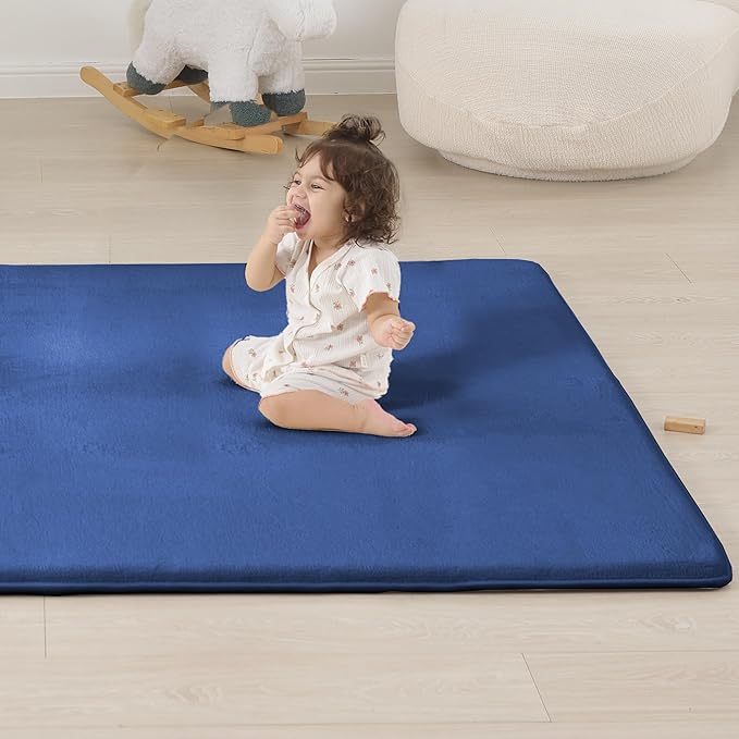 1.3" Thick Baby Floor Play Mat 59x71, Basic Padded Foam Mat for Tummy Time Crawling, Non Slip Cushioned for Babies Toddlers Infants Kids (Blue)