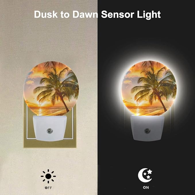 EKOBLA Sunset Beach Night Light Summer Seaside Palm Tree Coastal Plug-in Nightlights Home Auto Sensor LED Dusk to Dawn Light for Bedroom Bathroom Kitchen Corridor