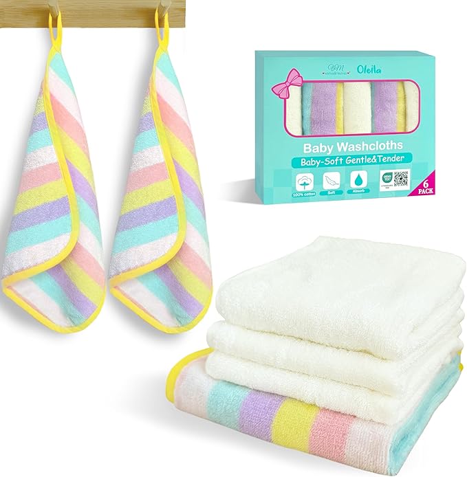 VOOVA & MOVAS 6 Pack 100% Cotton Baby Washcloths | 12x12 Inches | Highly Absorbent | Ultra-Soft Newborn Towels | Perfect Set,Baby Essentials |Rainbow & Ivory Colors