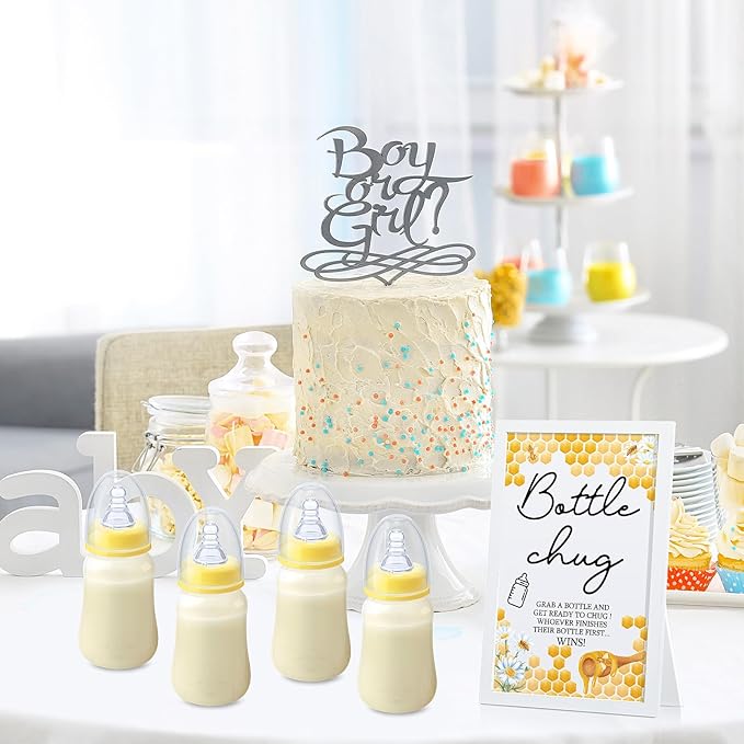 Roowest Bottle Chug Baby Shower Game Favors Including Bee Theme Wooden Sign and 18 Pcs Baby Bottles for Gender Reveal Party Supplies