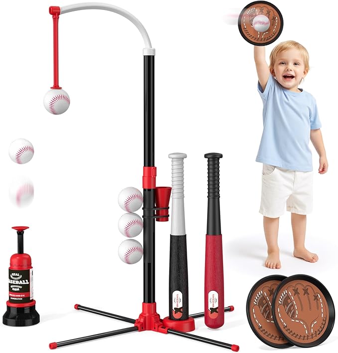 4 in 1 T-Ball Sets for Kids 3-5 with Toss and Catch Ball, Toddler Baseball with Auto Pitching Machine/6 Balls, Outdoor Sport Toys Gifts for Boys Girls