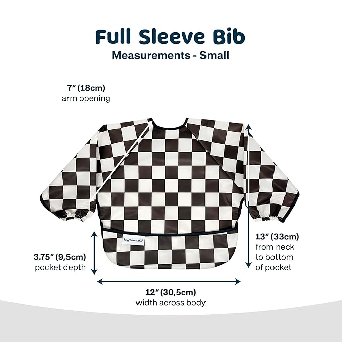 Tiny Twinkle Long Sleeve Bib for Babies & Toddlers – Waterproof Smock Bib for Eating – Machine Washable & Mess-Proof, Baby Feeding Essential & Shower Must-Have(Checkers Black, 6–24M)
