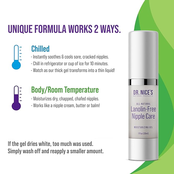 Dr. Nice's Moisturizing Gel - Lanolin-Free Nipple Cream for Breastfeeding - Nursing Essentials With Instant Cooling Relief for Sore Nipples - Water-Based Moisturizer Safe for Mom & Baby - (1 Fl. Oz)