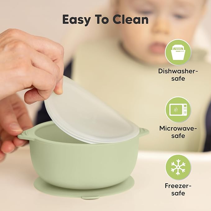 KeaBabies 2-Pack Baby Bowls with Suctions, Lids - Silicone Toddler Suction Bowls for Baby Boy, Girl, Kids, Food Grade Silicone, BPA-Free, Dishwasher Safe, Toddler Eating Essentials (Sage)