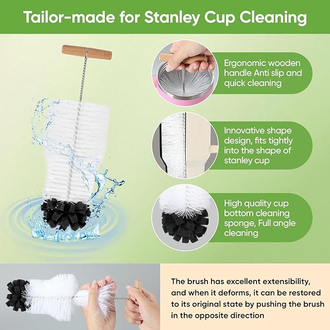 3 PCS Bottle Clean Brush Set, Long Wooden Handle Bottle Cleaner Brush for Stanley Cup Tumblers, 3 in1 Cup Lid Cleaning Brush, Long Straw Brush,Water Bottle Clean Brush Kit for Bottle Cups Coffee Mugs