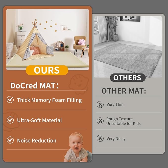 Baby Play Mat for Floor - 1.4" Thick Memory Foam Rug, 60"x60" Playpen Tummy Time Mat, Soft Velvet Nursery Rug, Large Padded Crawling Mats, Cushioned Pads for Playroom Toddlers, Infants, Yoga, Tatami