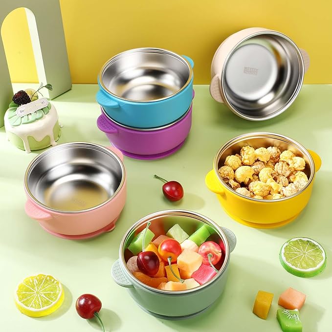 Nuogo 6 Pcs Stainless Steel Baby Bowls with Removable Silicone Shell 304 Toddler Bowls Kids Anti Scald Snack Container for Food Feeding, Dishwasher Safe(Vivid Color,Suction-a)
