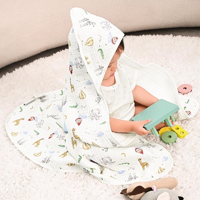 david's kids 2 Pack Hooded Baby Towels, Large 32"x32", 6 Layer 100% Muslin Cotton Highly Absorbent Boy Girl Bath Towel for Newborn, Infant, Toddler, Ultra Soft and Breathable Baby Essentials, Animals