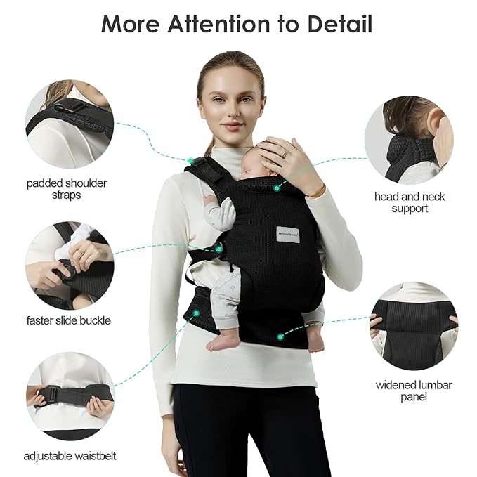 Baby Carrier Newborn to Toddler, Easy Adjustable Toddler Carrier for 7-30lbs, Baby Holder Wrap Carrier, Breathable Mesh Fabric Infant Kangaroo Hip Carriers with Lumbar Support, Black