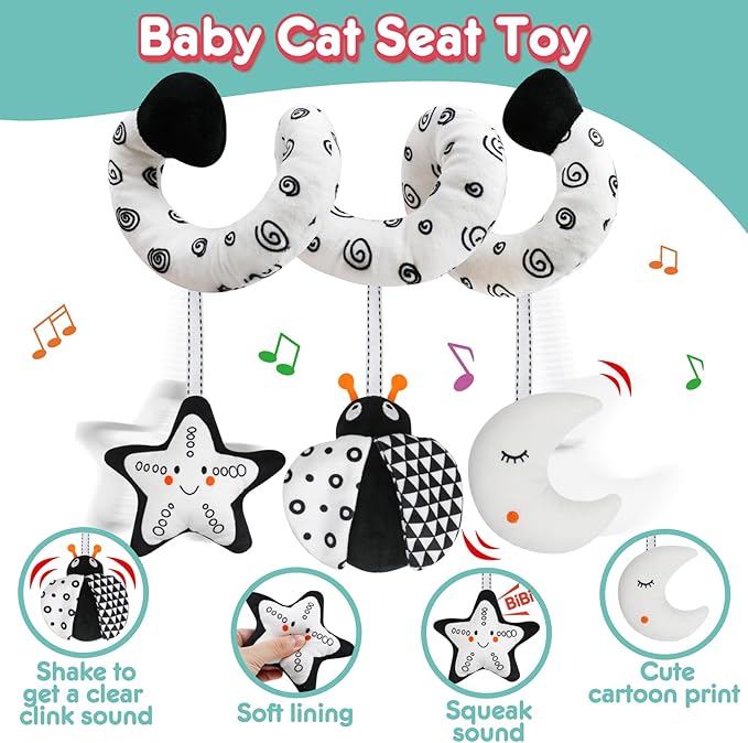 Baby Spiral Hanging Stroller and Car Seat Toys Black and White High Contrast Sensory Toy Newborn Plush Activity Toys Party Favors Quality Gifts for Baby Shower -Bug