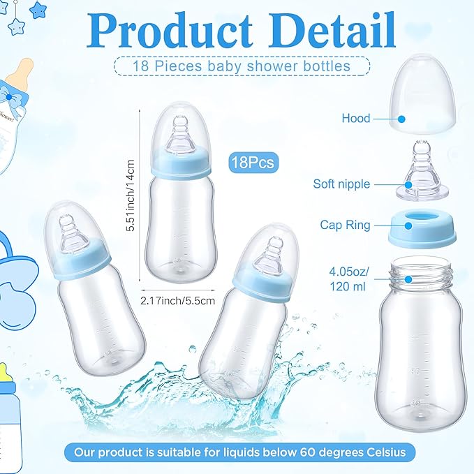 Roowest Bottle Chug Baby Shower Games Favors Including 18 Pcs Feeding Bottles with Blue Bear Theme Wooden Sign for Gender Reveal Baby Shower Party Supplies