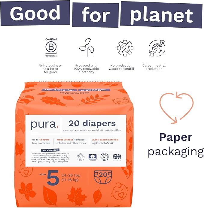 Pura Size 5 Eco-Friendly Diapers (24-35lbs) Totally Chlorine Free (TCF) Hypoallergenic, Soft Organic Cotton, Sustainable Comfort, 12 Hours Leak Protection, Allergy UK,1 Pack of 20 Diapers