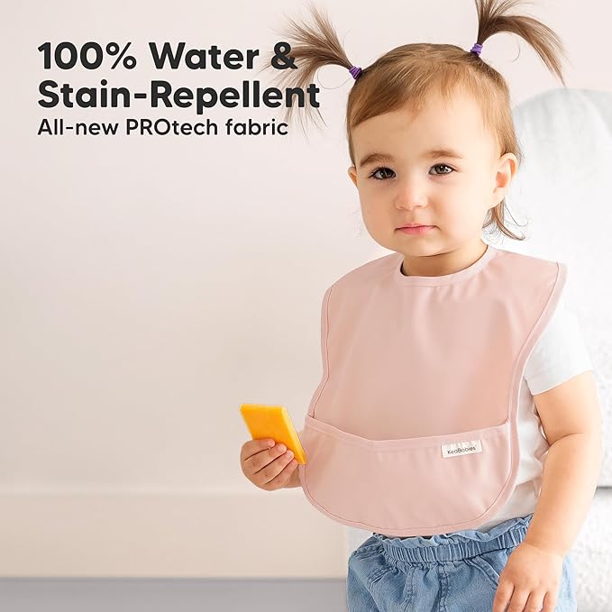 3-Pack Waterproof Baby Bibs for Eating - Lightweight Toddler Feeding Bibs with Large Food Catcher, Mess Proof, Food-Grade Baby Eating Essentials, Easy to Put On & Clean (Fawn)