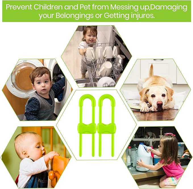 Jetec 10 Pieces Cabinet Locks for Babies, U-Shaped Proofing Drawers Safety Child Locks Adjustable, Easy to Use Childproof Latch for Knob Handle on Kitchen Door Storage Cupboard Closet (Green)