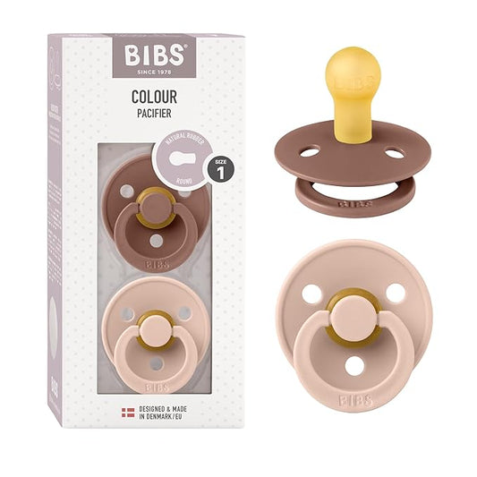 BIBS Pacifiers Colour Collection | Natural Rubber Baby Pacifier | Set of 2 BPA-Free Soothers | Made in Denmark | 0+ Months (Pack of 2) | Woodchuck/Blush