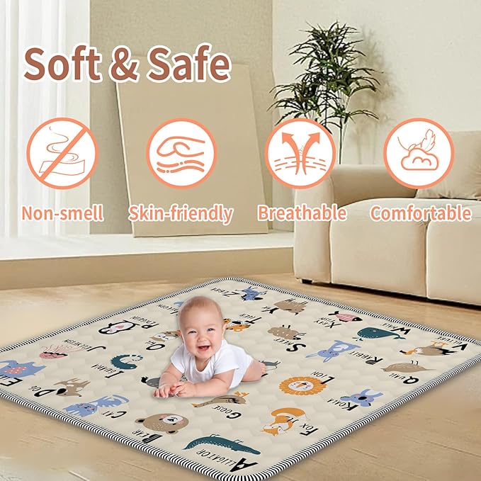 Baby Play Mat 50" X 50", Thickened Soft, Waterproof and Non-Slip Crawling Floor Pad, Machine Washable and Foldable for Floor Playpen