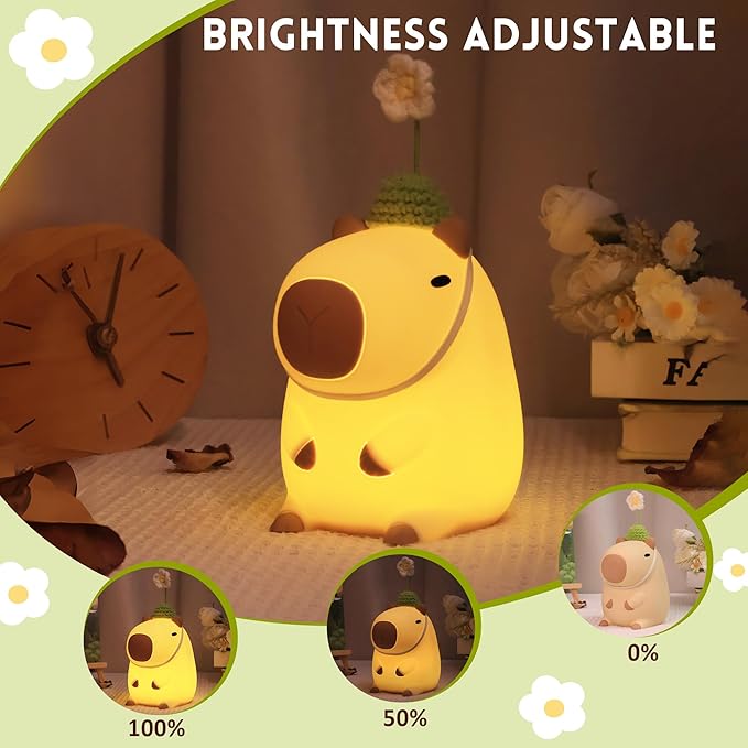 Cute Capybara Night Light, Squishy Animal Flower Lamp with USB Rechargeable Timer Dimmable, Best Nursery Nightlight Home Bedside Decor Birthday Christmas Gift for Kids Women