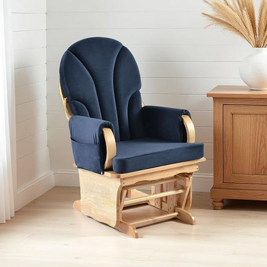 Rubber Wood Gliding Rocking Chair for Nursery, Velvet Frabic Rocking Chair Glider Rocker with Arm Rest, Padded Cushion for Living Room Bedroom Reading Room, 280lbs Weight Capacity, Blue