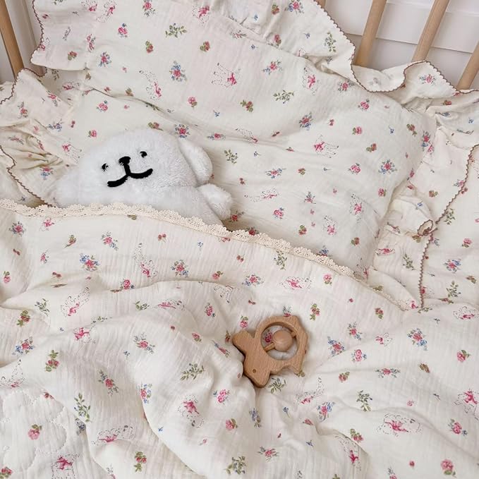 BuLuTu 2 Layers Muslin Cotton Toddler Pillowcase, 1 pc, 14"x20", Cute Pink Flower with Sheep Pattern Small Pillow Cases for Toddler Girls Boys Soft Breathable Pillow Covers, Envelope Closure