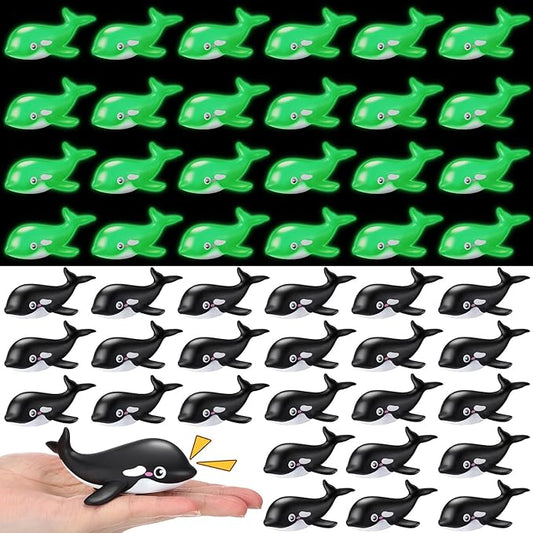 HyDren 48 Pcs Glow in The Dark Rubber Whale Bulk Squeaky Rubber Whale Luminous Mini Sea Animal Toys Bathtub Favors for Classroom Operation Christmas Basket Stuffers Child Gift Bulk(Black)
