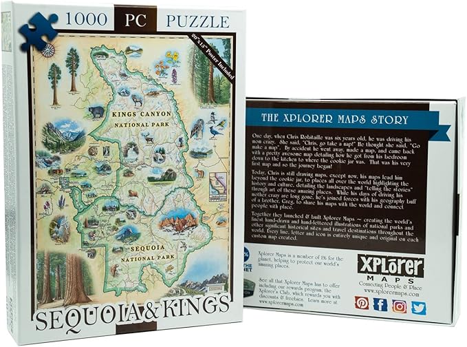 Sequoia and Kings Canyon National Parks Map Cardboard Jigsaw Puzzle - 1000 Pieces, Hand-Illustrated - Educational, Family Activity, Ages 7+, Includes Poster - 25.4 x 19.8