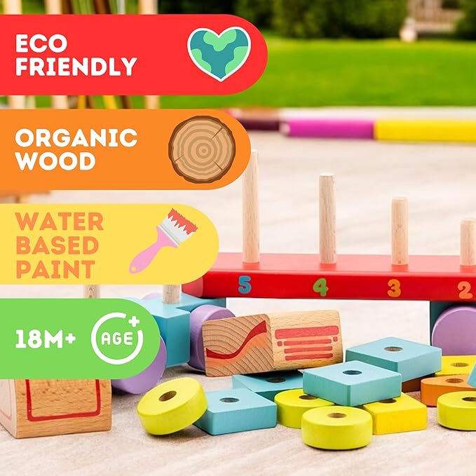 CUBIKA Wooden Geometric Shapes Truck– Montessori Toy for Toddlers Ages 3+– Shape Sorter and Stacking Truck Building Toy– FSC-Certified Wood, German Water-Based Paints, Travel-Friendly